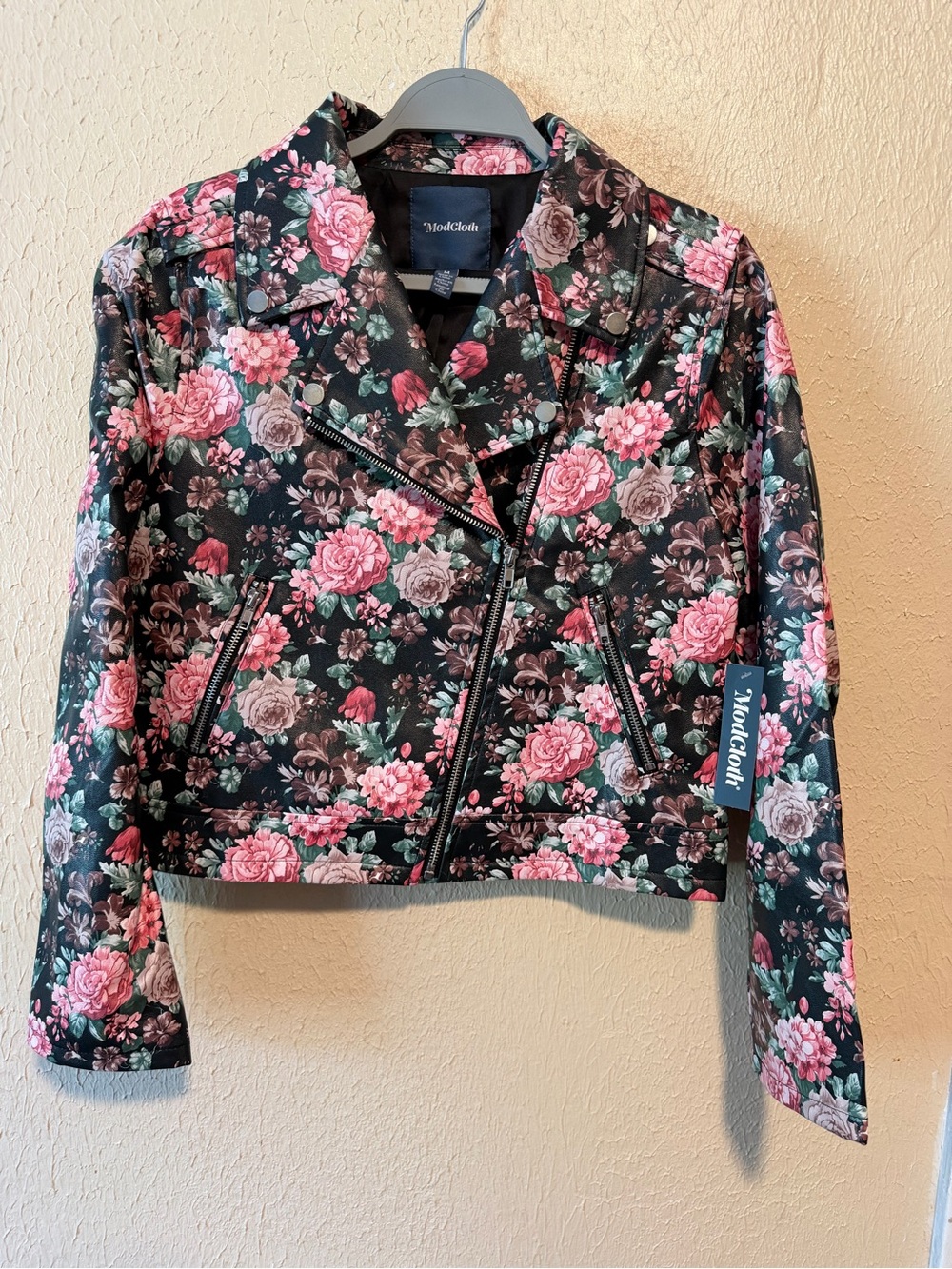 Modcloth Floral Faux Leather Jacket Size Medium Front Zip
